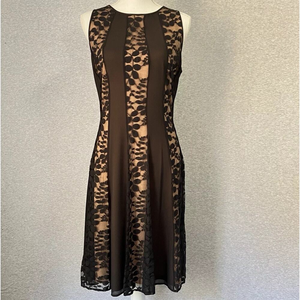 Nine West Dress Womens 12 Black Lace Panels Fit N Flare Stretch Sheer Embroidery
